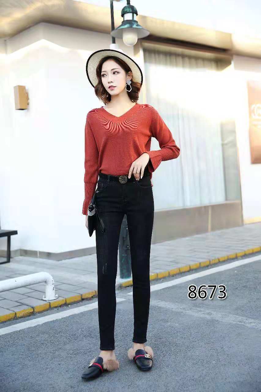 [Chặt lấy lông cừu nối phía dưới] cộng với quần jean nhung 8673 quần jean baggy nữ lưng cao