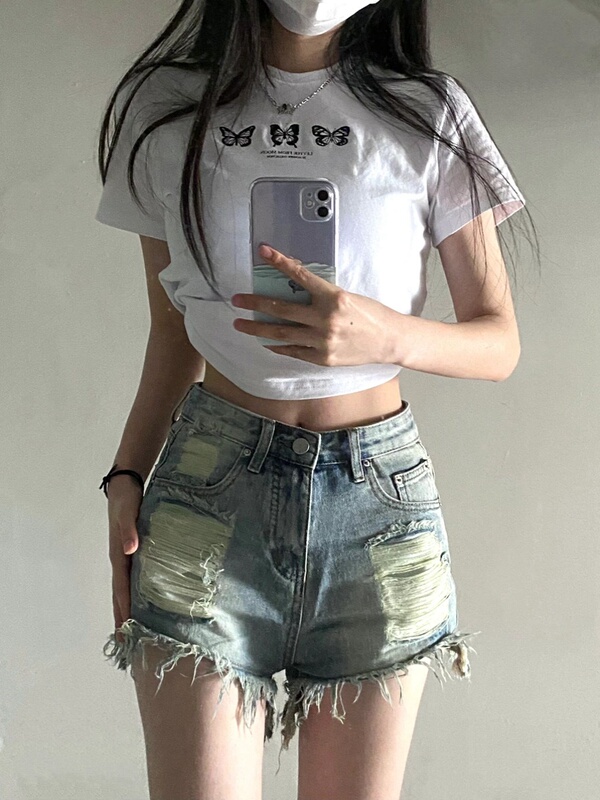 American Style Spicy Girl Denim Shorts for Women, New Summer Plus Size, Slimming High-Waisted Ripped Wide-Leg A-Line Pants