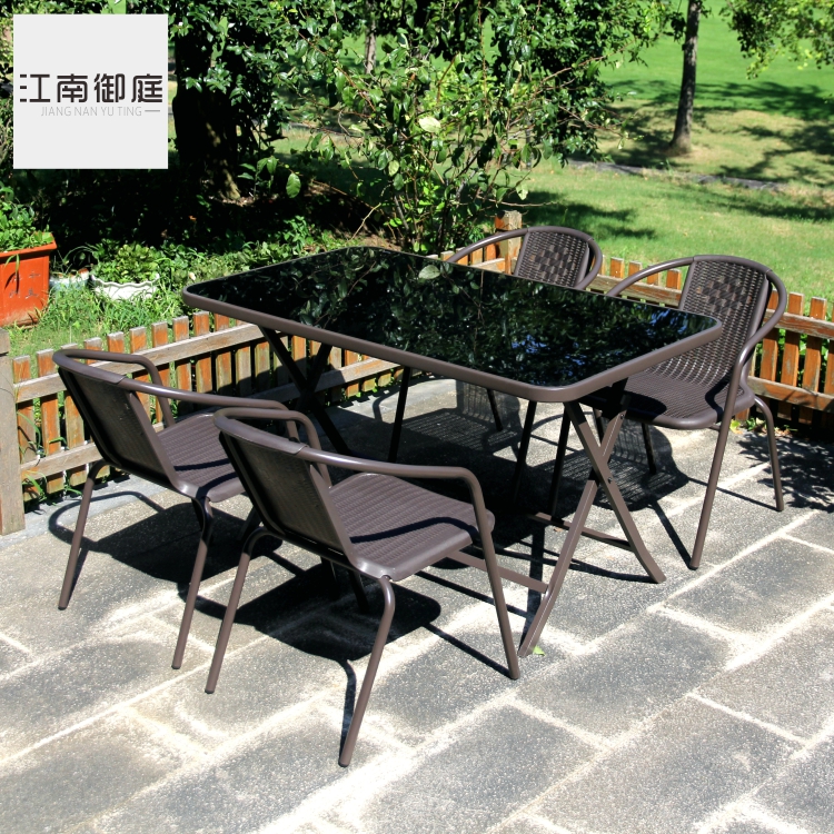 Outdoor leisure folding courtyard Garden Balcony Outdoor open-air Wrought iron imitation rattan chair Glass combination rattan woven rattan table and chair