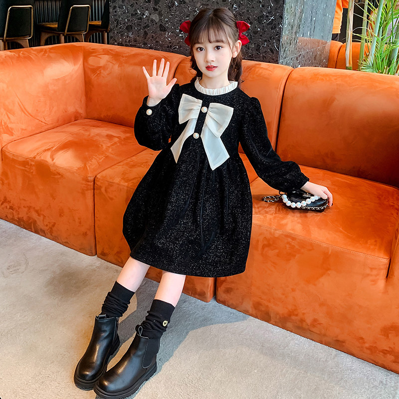 Girls' velvet dress autumn and winter 2022 new Western style big children's bow princess skirt girl skirt