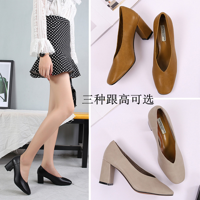 Small Size Square-Toe High-Heeled Work Shoes, Shallow Retro Single Shoes, British Style Large Size Women's Shoes, Chunky Heel Trendy Brand Single Shoes