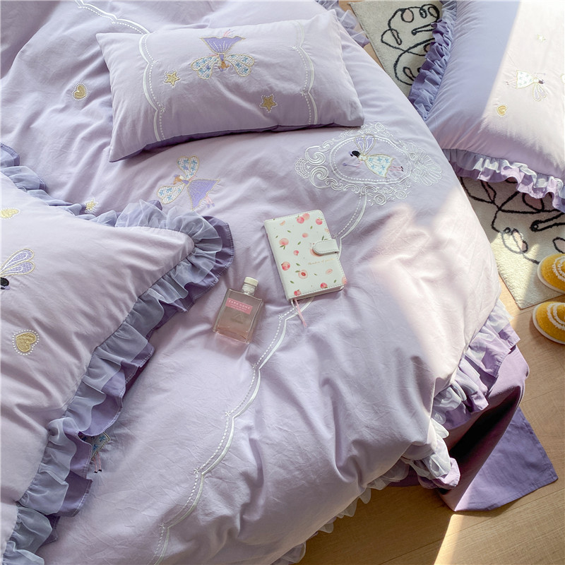 (Rich Mountain Strawberry) Cartoon Embroidered All-cotton Washed Cotton Four Pieces Of Pure Cotton Lotus Leaf Edge Purple Princess Wind Bed Linen