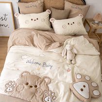 (Rich Mountain Strawberry) Cartoon Cute Little Bear Embroidery Four Pieces Of Pure Cotton Boy Children Full Cotton Washed Cotton Sheets