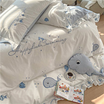(Fuishan Strawberry) Cartoon Male main wind four pieces of full cotton pure cotton small whale embroidery washed cotton quilt cover sheet