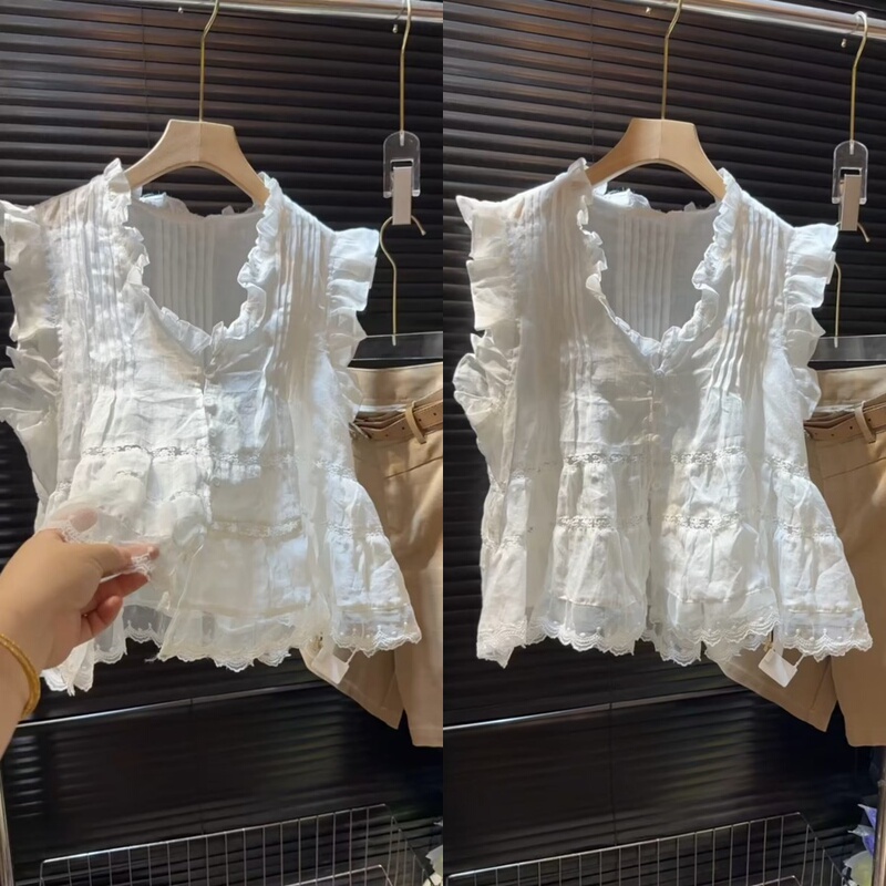 European-Style Lace Ruffle Short Top Vest Summer New Style Ruffled Casual Doll Style Fashionable Age-Reducing