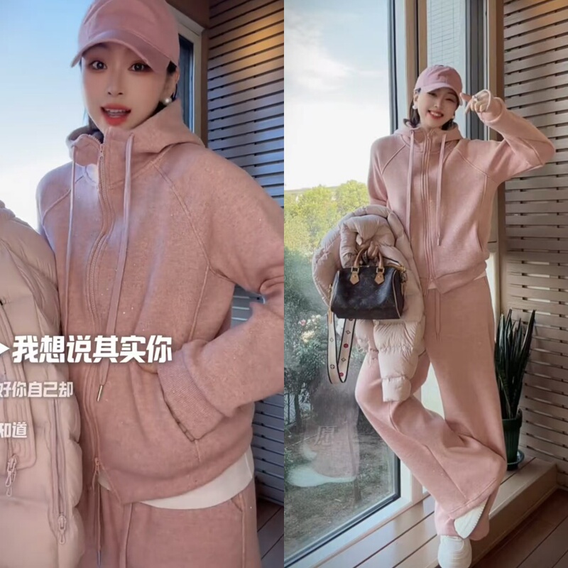 Fleece-Lined and Thickened Casual Suit 25 New Styles Sequin Hooded Jacket Wide-Leg Pants Sporty Lazy Style Two-Piece Set