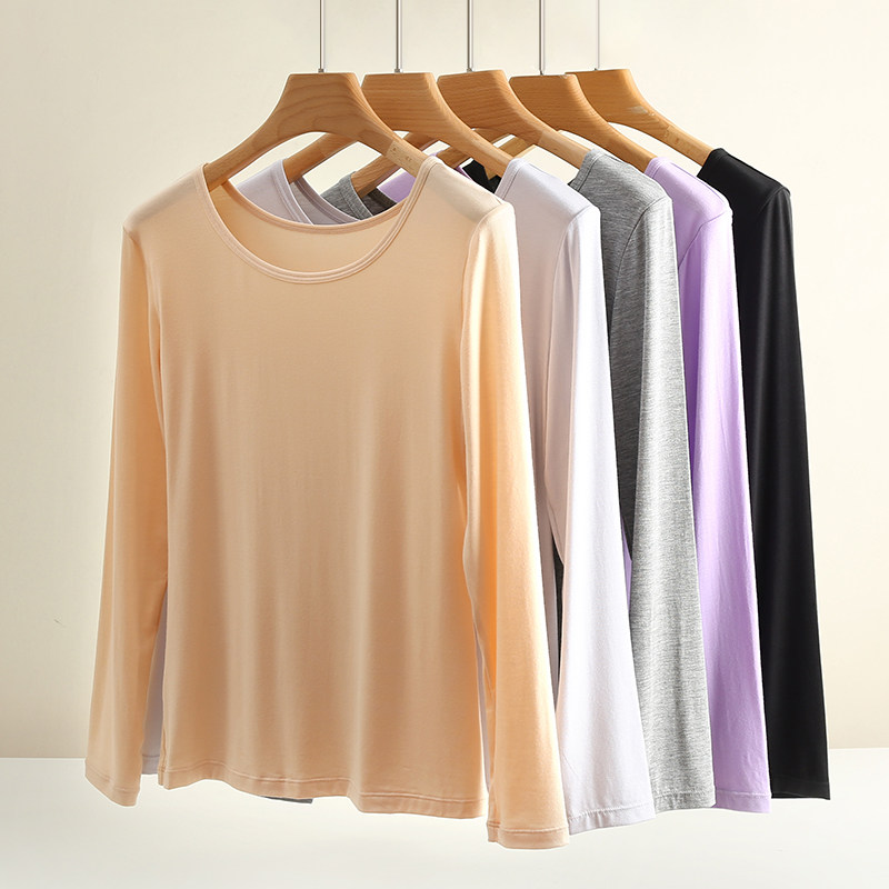 Modal cotton bottoming shirt for women with long-sleeved thin section slim round neck autumn clothes large size 200 catties skin color autumn style