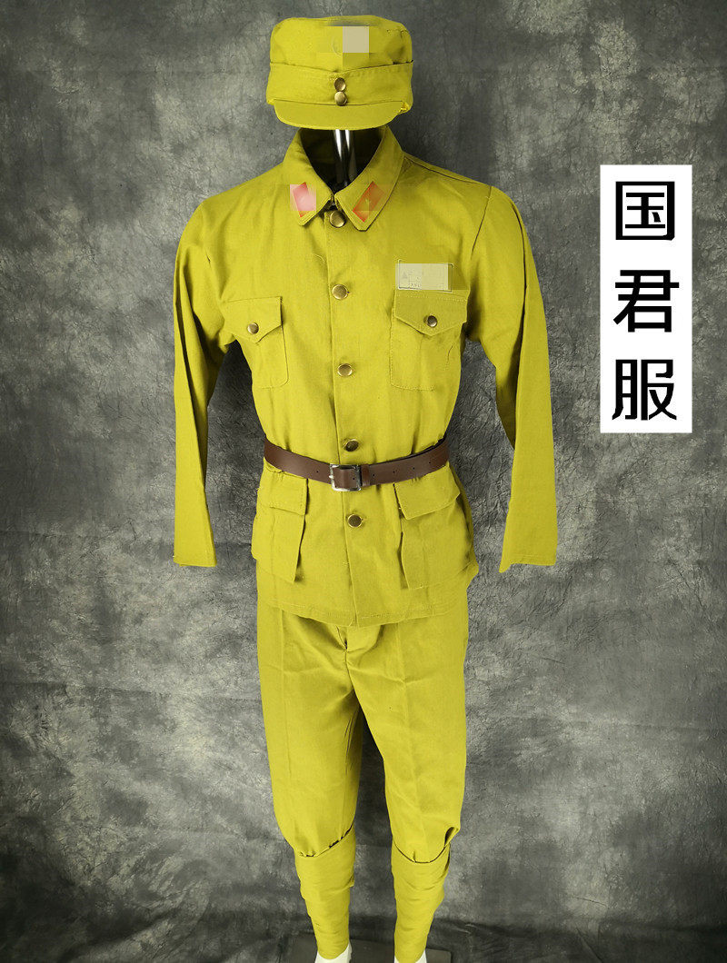 Yellow Army soldiers acting out the vintage old fashioned Republic of China War of Resistance Army drama costumes