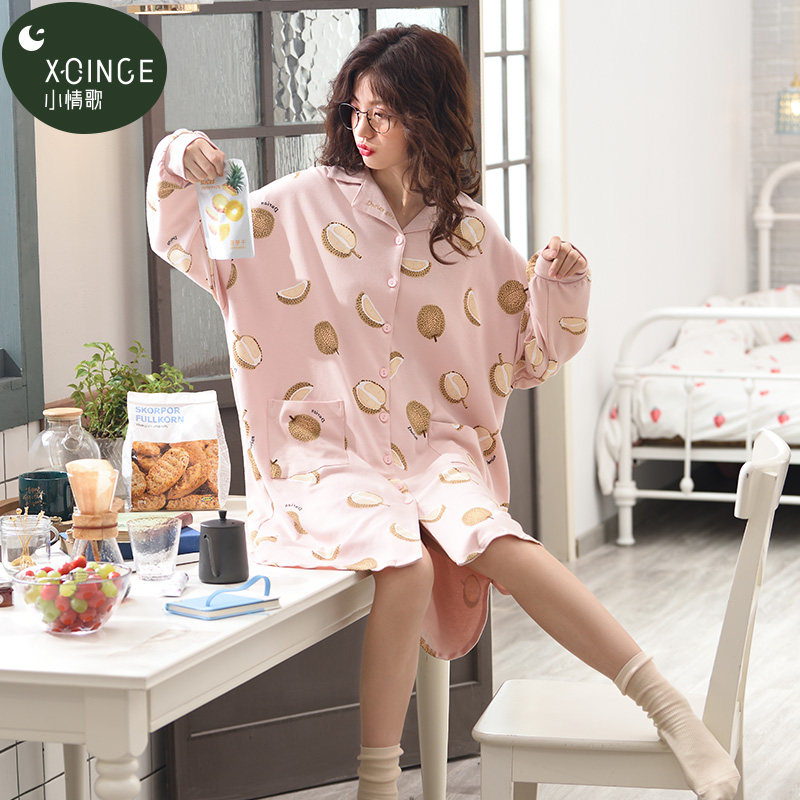Nightdress women's spring and autumn long-sleeved cotton pajamas students cute cotton spring large size loose can be worn outside the home clothes