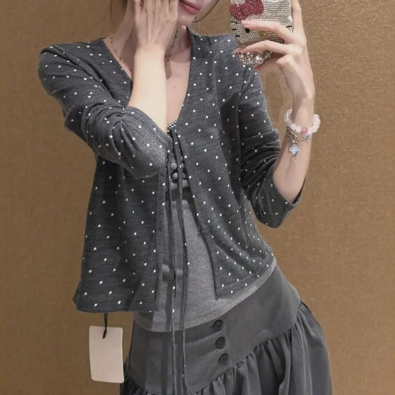 Early Autumn Stylish Slim-Fit Super Flattering Tops Plus-Size Women's Clothing for Curvy Women Korean-Style Stunning Polka Dot Tie-Up Knit Cardigan Trendy Early Autumn Stylish Slim-Fit Super Flattering Tops Plus-Size Women's Clothing for Curvy Women Korean-Style Stunning Polka Dot Tie-Up Knit Cardigan Trendy