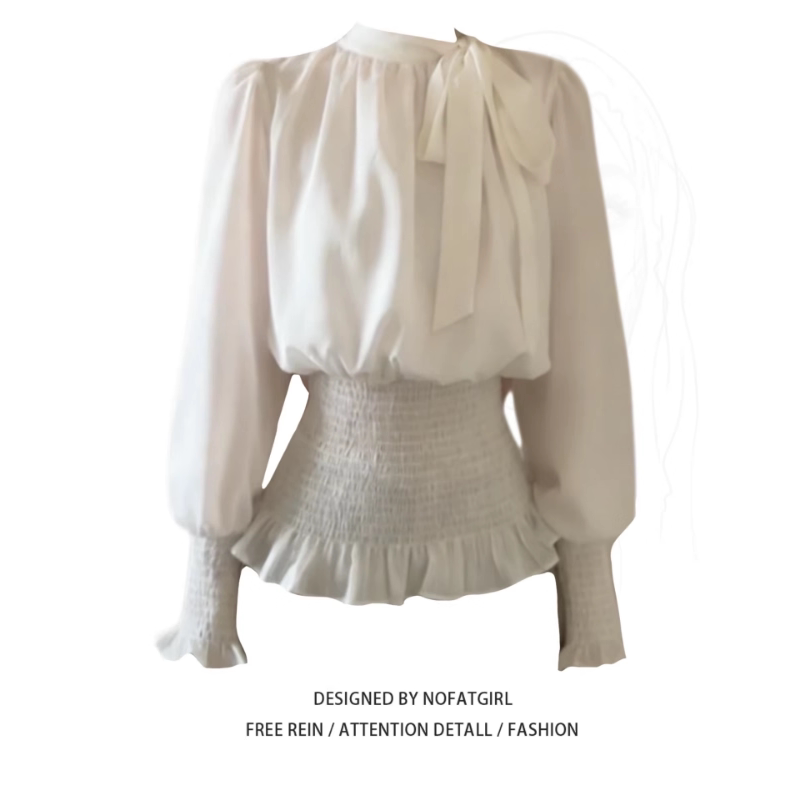 Spring New Style Waist-Cinching Slimming Chic and Elegant Top Plus-Size Women's French-Style Ruffled Stand-Collar Tie-Up Shirt Trendy