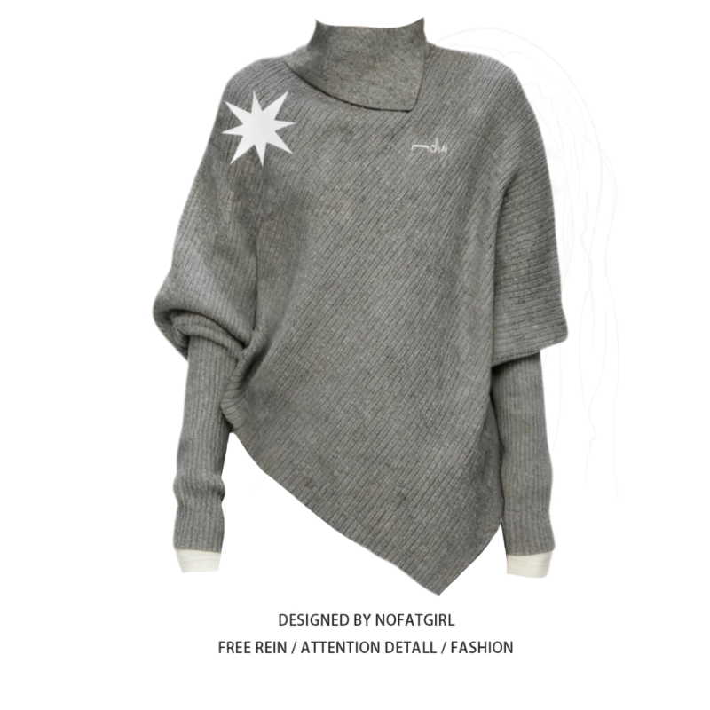 Plus-Size Fat Girl's American Retro Star High-Neck Knitted Cape Women's Autumn and Winter Irregular Design Niche Sweater