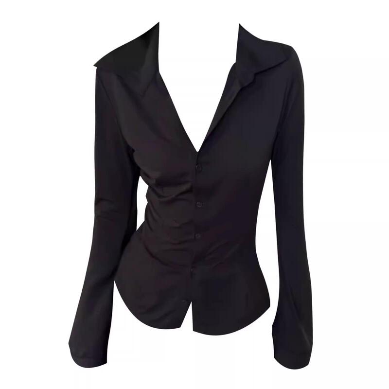 Plus-Size Autumn New French-Style Simple Slim-Fit Versatile Niche Shirt for Women with a High-End Feel, Black Waist-Cinching Long-Sleeve Top Plus-Size Autumn New French-Style Simple Slim-Fit Versatile Niche Shirt for Women with a High-End Feel, Black Waist-Cinching Long-Sleeve Top