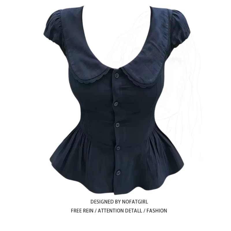 Plus-Size French-Style Doll Collar Puff Sleeve Shirt for Women, New Summer Model with Waist-Cinching Design for a Slimming Effect Plus-Size French-Style Doll Collar Puff Sleeve Shirt for Women, New Summer Model with Waist-Cinching Design for a Slimming Effect