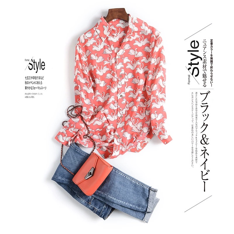 Special Offer: Silk Crepe De Chine with Swan Print in Pink, Long-Sleeved Shirt with a Turn-Down Collar and Hem Design