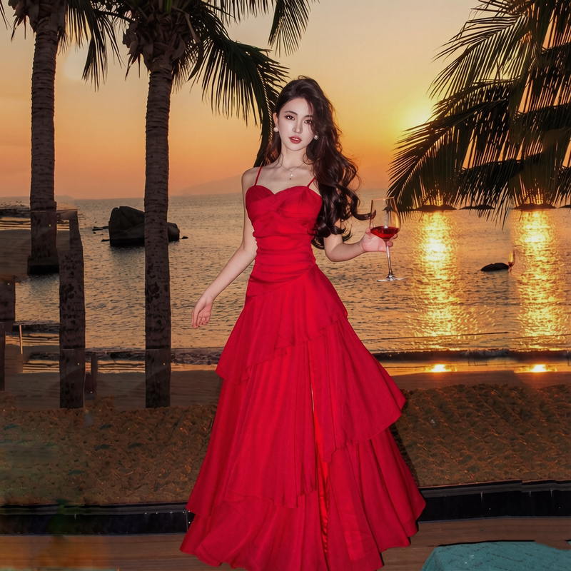 Red Dress, Stunning Retro Seaside Resort Style Suspender Long Dress, Evening Dress, Waist-Cinching Ruffled Summer Dress Red Dress, Stunning Retro Seaside Resort Style Suspender Long Dress, Evening Dress, Waist-Cinching Ruffled Summer Dress