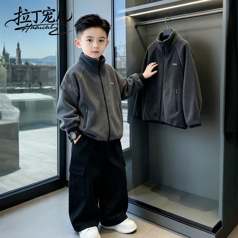 Boys' Autumn and Winter Stand-Collar Fleece Jacket, Thickened Warm Casual Coat, Stylish and Cool Warm Top