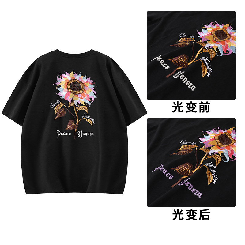 Heavy Embroidery Multicolor Sunflower Color-Changing Loose Comfortable Trendy Round-Neck Couple T-Shirt 2026 New Embossed Embroidery