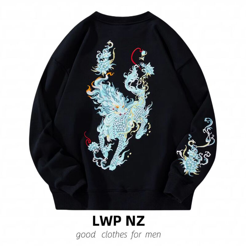 Chinese Style National Trend Unicorn Embroidery Men's Sweatshirt Pure Cotton Loose Trendy Brand Long-Sleeve Printed Round-Neck Spring and Autumn Top Chinese Style National Trend Unicorn Embroidery Men's Sweatshirt Pure Cotton Loose Trendy Brand Long-Sleeve Printed Round-Neck Spring and Autumn Top