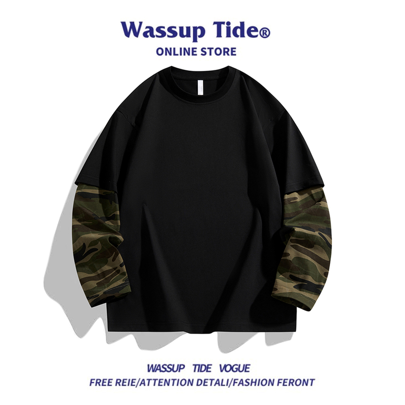 Wassup Tide Men's Fake Two-Piece Camouflage Patchwork Long-Sleeved T-Shirt Men's Loose Round Neck Pullover Loose Top