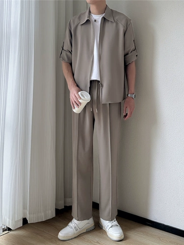 Летняя тонкая шелковая рубашка, мужской комплект, штаны, оверсайз, свободный прямой крой