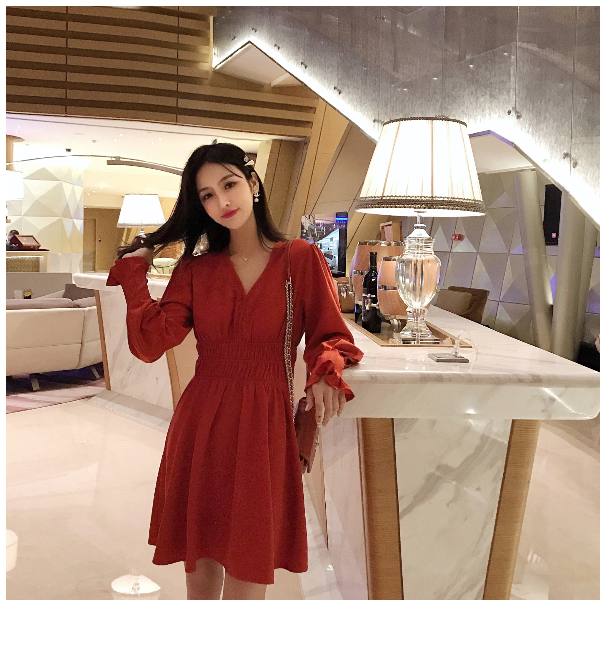VK旗艦店 韓系優雅V領褶皺收腰簡約氣質長袖洋裝