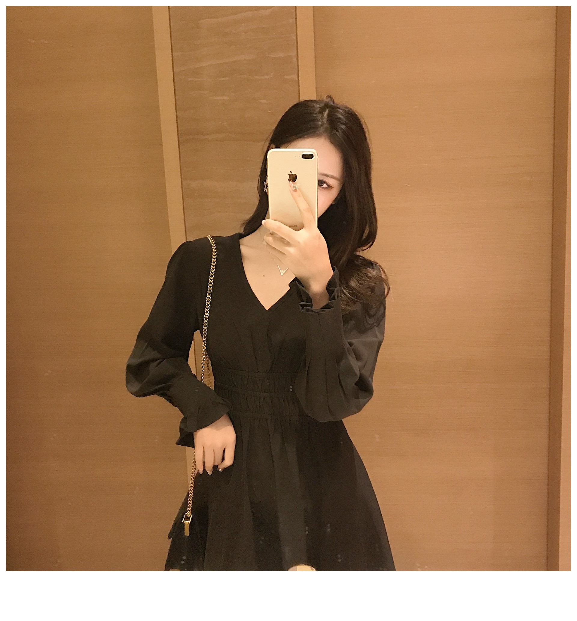 VK旗艦店 韓系優雅V領褶皺收腰簡約氣質長袖洋裝