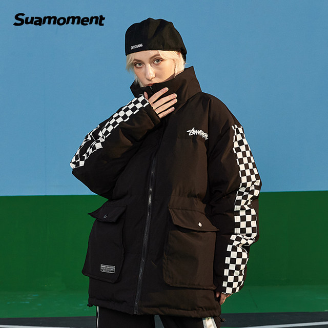 Suamoment scratch checkerboard patchwork cotton coat men's trendy brand couple style cotton coat jacket winter thickened cotton jacket