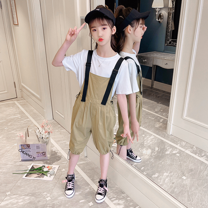 Internet celebrity thin overalls overalls two-piece girls 2021 new loose short-sleeved T-shirt casual pants suit