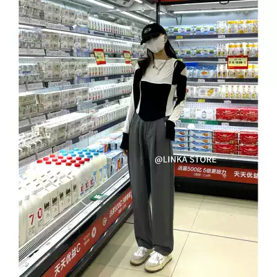 LINKA summer models Joker wide leg pants women's high waisted black slim suit pants straight tube gray mop floor