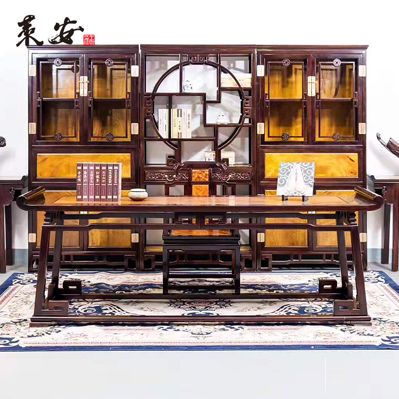 Lean Books House Five Pieces Gold Silk Nanmu Furniture Red Wood Furniture Bookcase Bookcase Desk Chair Combination Furniture-Taobao