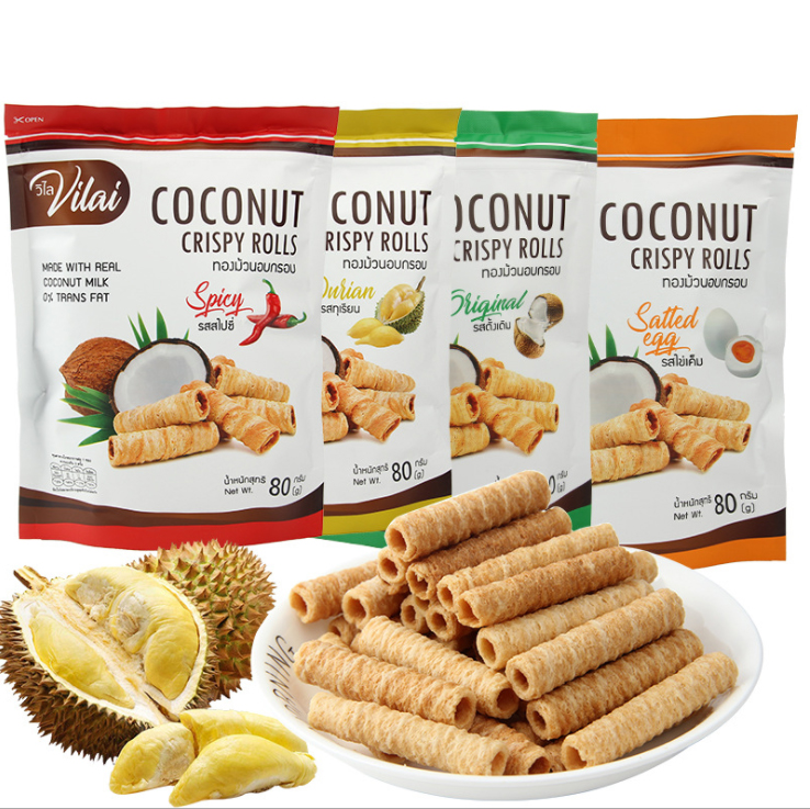 Thai imports Coconut Rolls 80g Coconut Crisp Egg Rolls Salted Egg Yolk Durian Taste Pastry Casual Zero Food