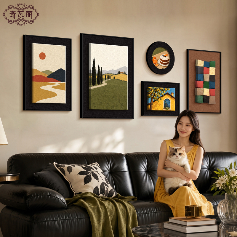 Cream-Colored Vintage-Style Living Room Sofa Background Wall Mural, Niche Art, Large White Wall Decorative Painting, Three-Dimensional Combination Painting