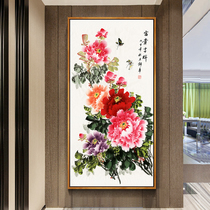 Entrance decorative painting Vertical version of flowers blooming rich peony Living room hanging painting Corridor aisle mural Lucky Feng Shui Chinese painting