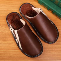 Cow Leather Cotton Slippers Winter New Non-slip Warm Baotou Residence Domestic Lovers Home Floor Winter Mens Slippers