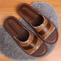 Genuine Leather Home Slippers Women Summer Home Indoor Non-slip Bamboo Woven Cow Leather Splicing Slippers Soft Bottom Household Male