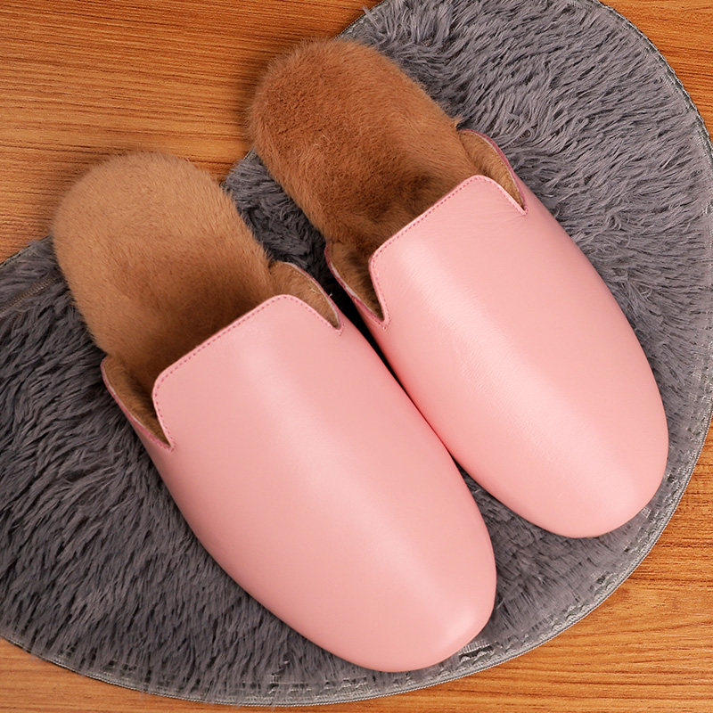 Solid Bull Gluten Bottom Leather Slippers Winter Home Genuine Leather Indoor Women Cashmere Wool Slippers Plus Suede Warm Office Fashion