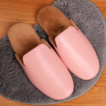 Solid Bull Gluten Bottom Leather Slippers Winter Home Genuine Leather Indoor Women Cashmere Wool Slippers Plus Suede Warm Office Fashion
