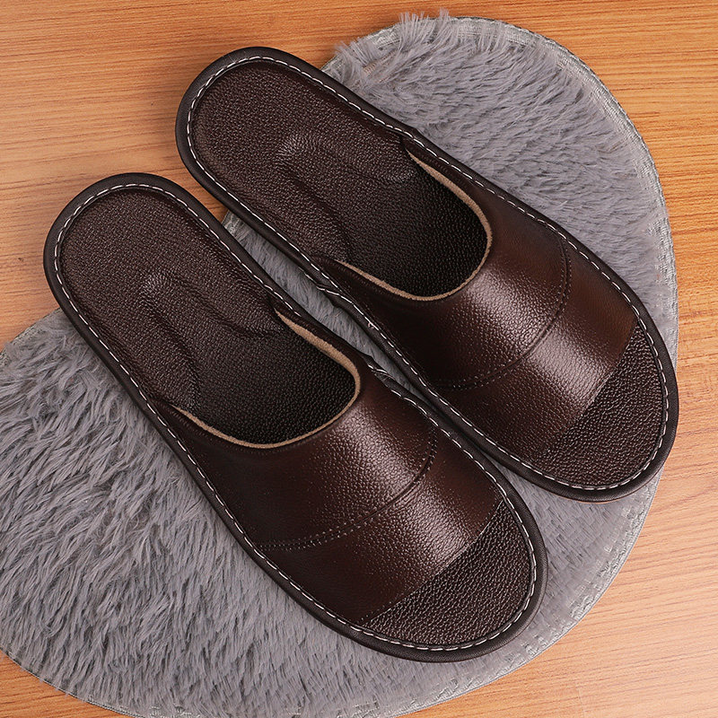 Genuine Leather Home Slippers Women Summer Home Indoor Non-slip Bull Leather Sandals Sandals Shoes Not Feet Smelly soft-bottom Home Men's bedroom