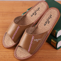 Four Seasons Linen Bull Leather Slippers Womens Summer Indoor Couple Floor Home Non-slip New Home Men