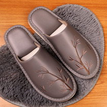 Spring and autumn season embroidered Baotou PU leather slippers for men and women with wood floor anti-slip and soft bottom deodorant breathable slippers