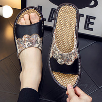 Eurostyle genuine leather linen sandals women Summer non-slip Deodorant Suction sweat Home Indoor Cow Leather Slippers for Mens Soft Bottom