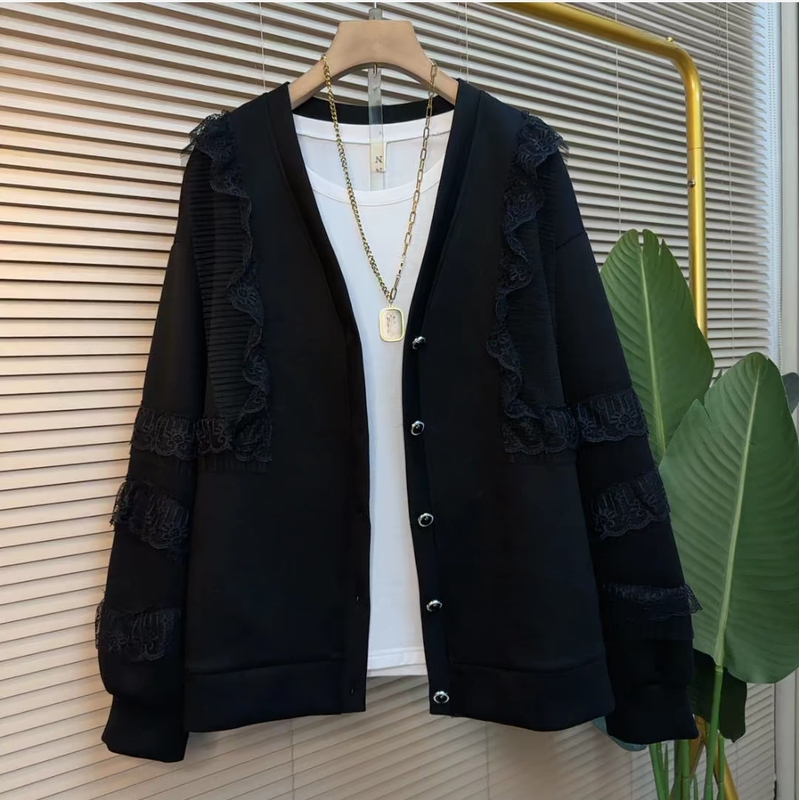 2025 Autumn New Fashion Lace Patchwork Jacket for Women, Loose Casual Versatile Slimming Black Loose Outerwear Trendy