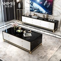 American light luxury tea table TV cabinet combination gold-plated living room modern simple stainless steel black and white floor cabinet locker