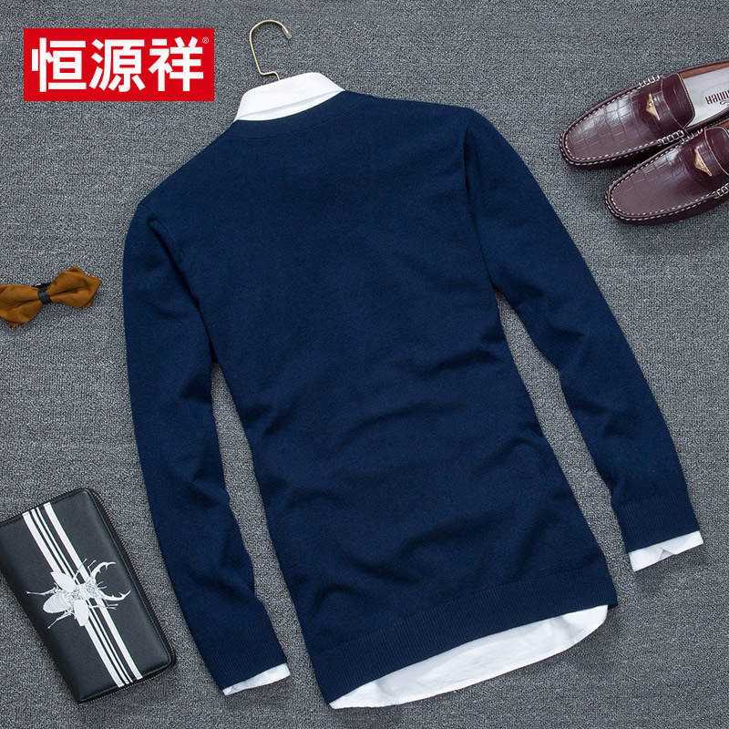 Hengyuan Xiangqiu mùa thu mới V-cổ dài tay dệt kim cha trung niên nam cardigan của rắn màu áo len áo khoác nam giới.