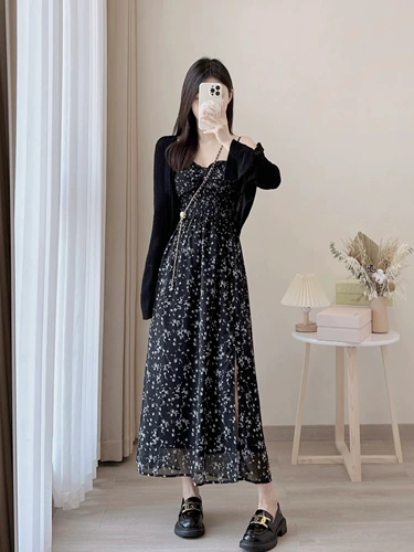 Милое черное масло для загара, приталенное платье, платье-комбинация, длинная юбка, французский стиль, в цветочек, яркий броский стиль, средней длины