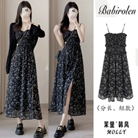 Милое черное масло для загара, приталенное платье, платье-комбинация, длинная юбка, французский стиль, в цветочек, яркий броский стиль, средней длины