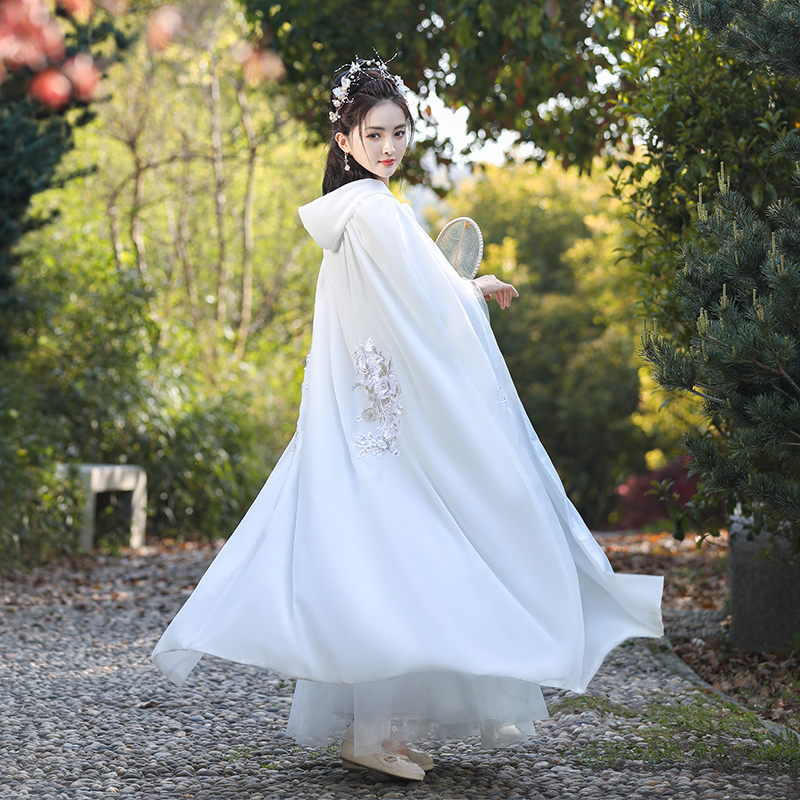 Hanfu Cloak, White Cape, Traditional Style Women's Long Hooded Outerwear for Wind Protection and Sunshade, Chinese Style Ancient Costume Hanfu Cloak, White Cape, Traditional Style Women's Long Hooded Outerwear for Wind Protection and Sunshade, Chinese Style Ancient Costume