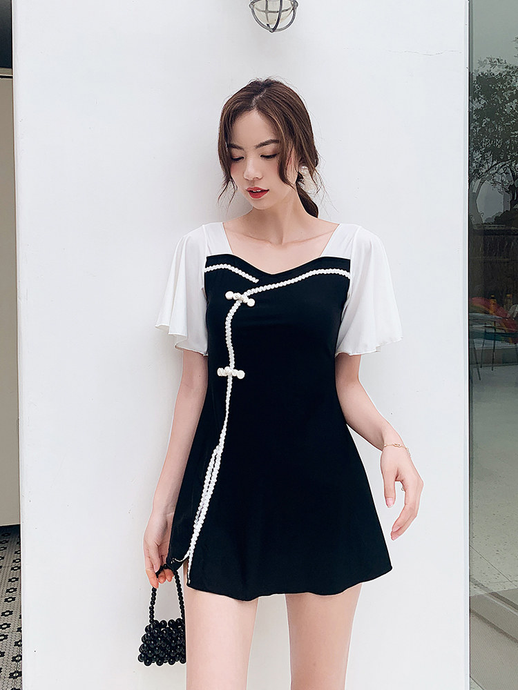 2021 new Chinese style fairy fan belly cover thin chest dress flat angle two-piece hot spring swimsuit female