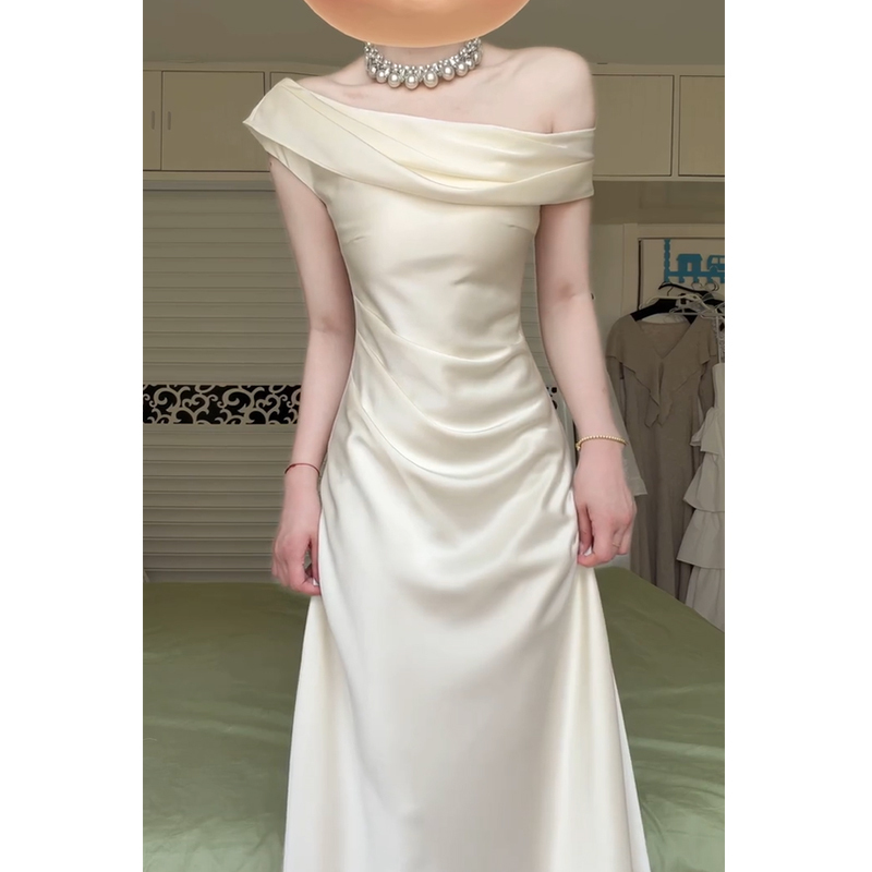 Champagne-Colored Evening Dress for Women 2026 New Satin Fishtail Off-Shoulder Student Day Coming-Of-Age Ceremony Host Art Exam Engagement Champagne-Colored Evening Dress for Women 2026 New Satin Fishtail Off-Shoulder Student Day Coming-Of-Age Ceremony Host Art Exam Engagement